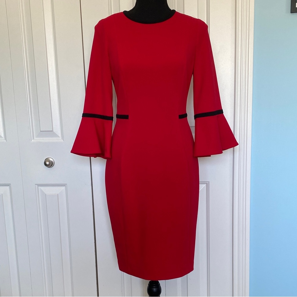 Calvin Klein 6 Petite Vibrant Red Dress with Black Accents